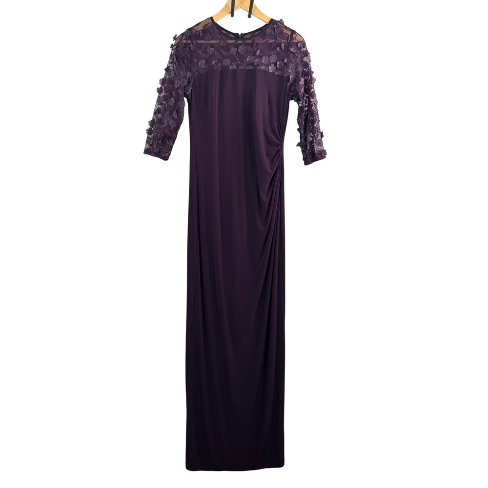 Brianna Milay‎ Gown sz 8 Eggplant Purple 3D Floral Applique Ruched Maxi